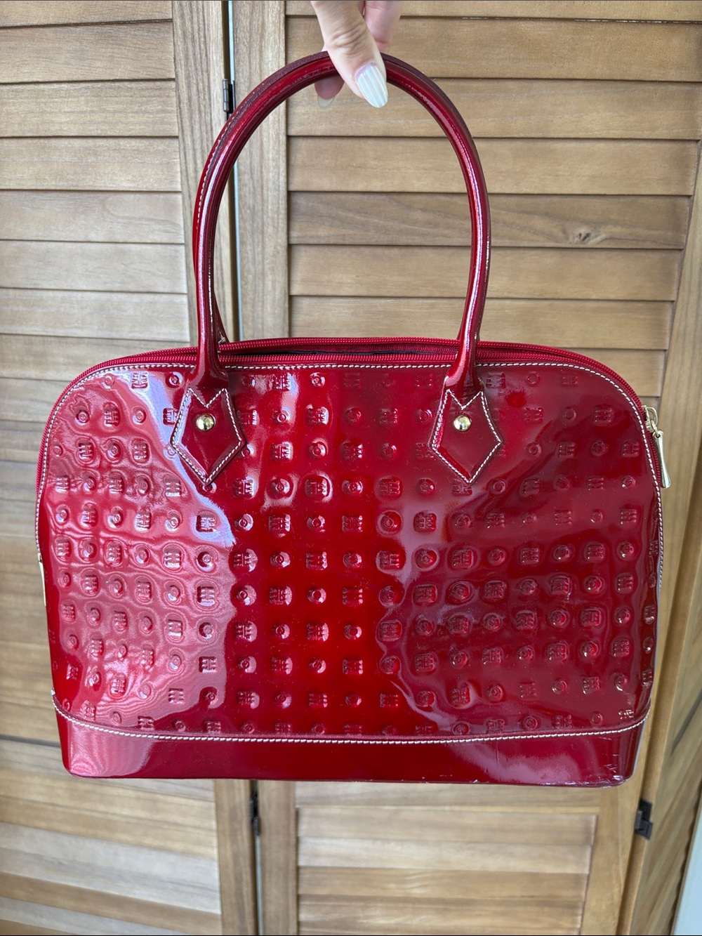 Arcadia Red Patent Satchel with Embossed Dot Pattern